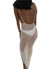Women Fishnet Knitted Beach Cover Ups Crochet Cutout Backless Dress For Bikini Swimsuit Bathing Suit Summer - White - View 2