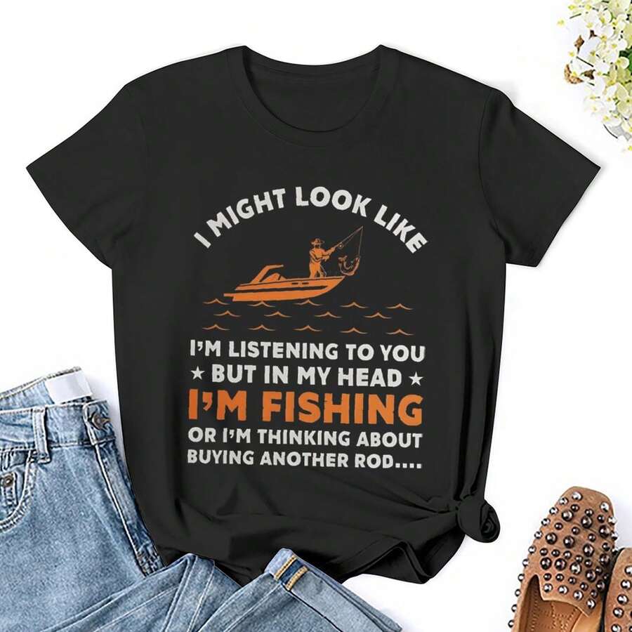 Women 'I'm Fishing' T Shirts Shirt Short Sleeves T Shirt Casual T Shirts Novelty Shirt Graphic Tees Clothes Top - Black - View 1