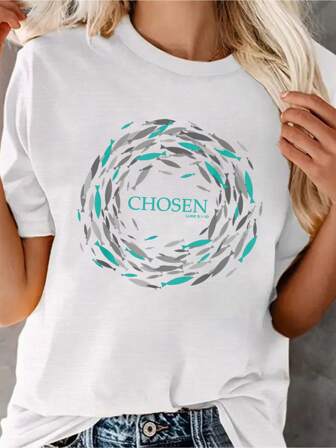 Chosen Fish Against Graphic Print Solid T-Shirt, Women's Casual Short Sleeve Top For Spring & Summer, Women Graphic T Shirts