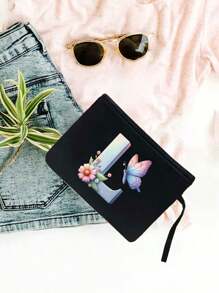 Color Gradient Butterfly Flower Letter A-Z Pattern Tote And Cosmetic Bag Set, Casual Style, Fabric Structure - Black - View 18