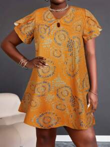 Europe And The United States Holiday Style Summer New V-Neck Simple Pattern Printed Casual Black Style Short-Sleeved Women's Plus-Size Dress - Burnt Orange - View 4