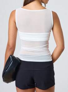 Women's Slim Mesh Sheer Tank Tops Sleeveless Round Neck Solid Color Y2K Ruched Vest For Streetwear - White - View 3