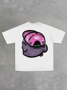 Women Y2K Style Short Sleeve Round Neck T-Shirt With Retro Cartoon & Letter Print - White - View 2