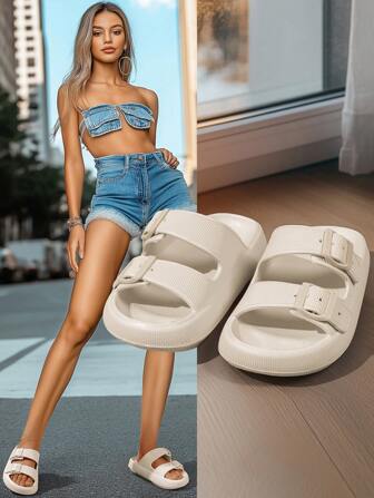 夏季新款可调节室内/室外情侣拖鞋，柔软轻便舒适浴室淋浴厚底米色双扣，加大码，海滩使用