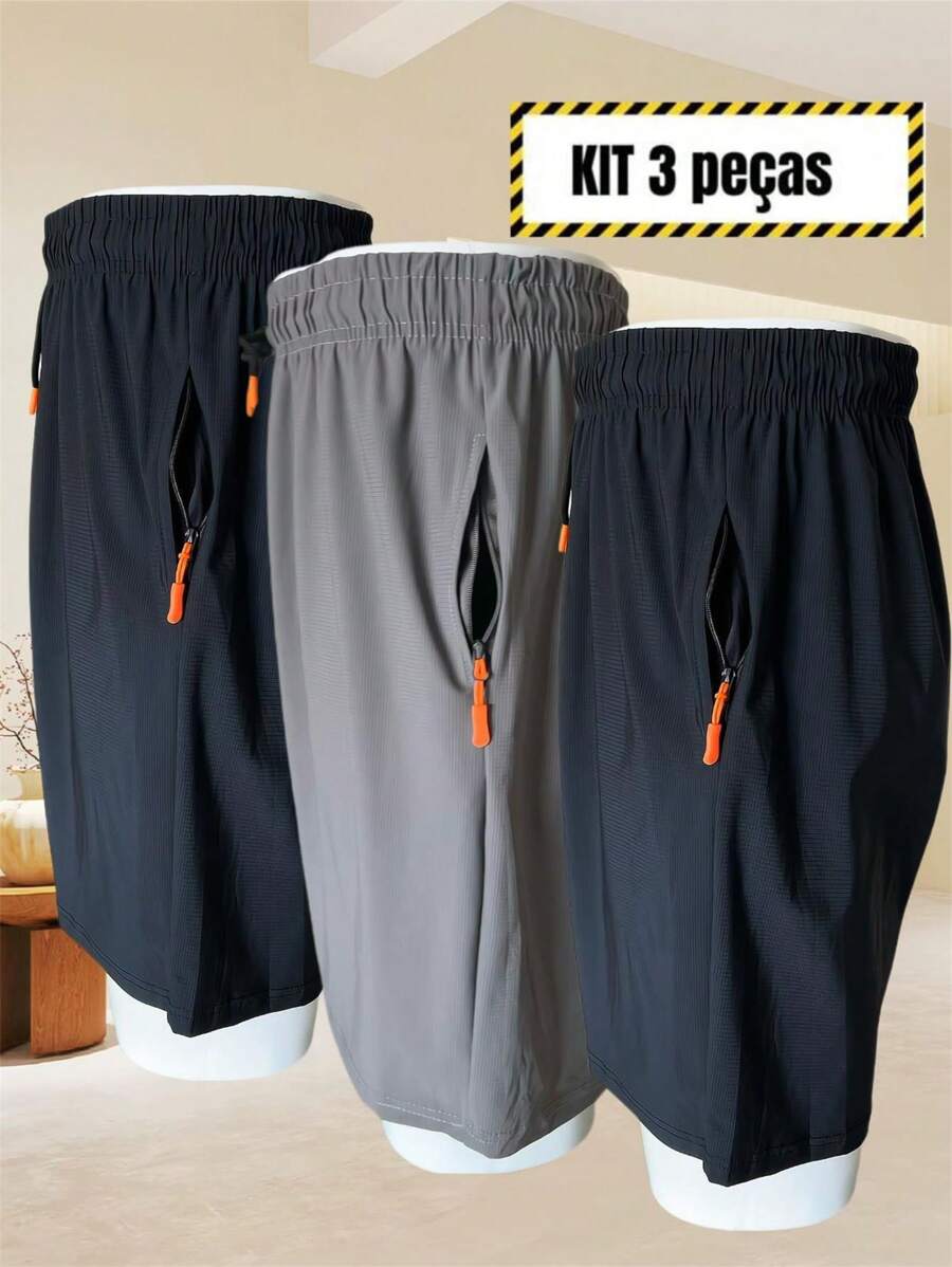 Kit 3 Bermuda Shorts For Men, Imported Shorts For Men, Polyamide, Ice Silk, Gym, Elastane, Casual, Quick Drying - 淺灰色 - 查看 1