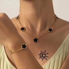 1 Set Metallic Floral Bracelet & Necklace - Black - View 5