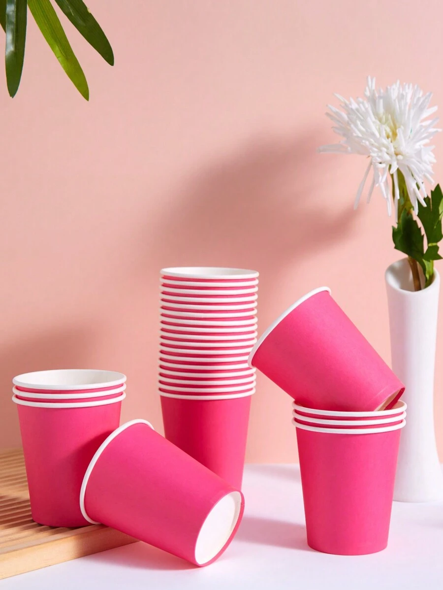 10 Pcs/25 Pcs Disposable Paper Cups, Pink, For Cold Drinks & Coffee, Suitable For Birthday Party, Family Gathering, Picnic, Party Decoration - Hot Pink - View 1