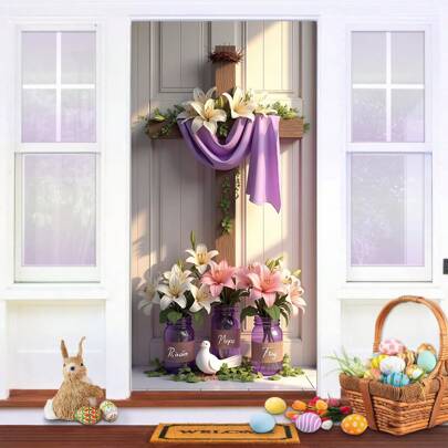 2D Door Banner, 1 DRIHANCO Easter Door Cover Banner With Cross And Lily - Inspirational 'He Resurrected' Decoration, Polyester Fiber, Perfect For Indoor/Outdoor Entrances, Events, And Party Supplies
