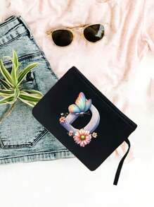 Color Gradient Butterfly Flower Letter A-Z Pattern Tote And Cosmetic Bag Set, Casual Style, Fabric Structure - Black - View 55
