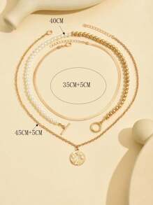 3 件套优雅仿珍珠串珠项链套装，时尚金属扁平蛇形锁骨链搭配简约金色月亮和星星吊坠，女士项链首饰，适合日常佩戴和作为礼物 - 星月 - 查看 5