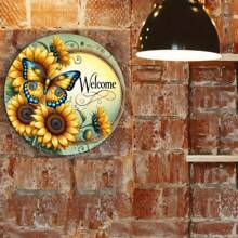 1 件鲜艳的橙色有翼蝴蝶，带有复杂的蓝色图案 - 8 英寸圆形金属墙面艺术牌匾，适用于家居装饰、酒吧、咖啡厅、俱乐部、宿舍 - 理想的礼物，完美的房间装饰，随机孔位置 - 彩色 - 查看 6