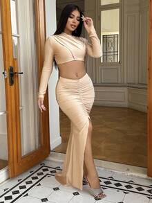 CHOSMO 新款夏季婚礼女装连衣裙优雅华丽针织长袖修身高腰女装长款女士连衣裙优雅晚礼服