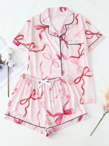 2 件夏季女士睡衣套装，带蝴蝶结印花 V 领纽扣上衣和裤子，舒适家居休闲睡衣套装，两件套 - 粉色 - 查看 1