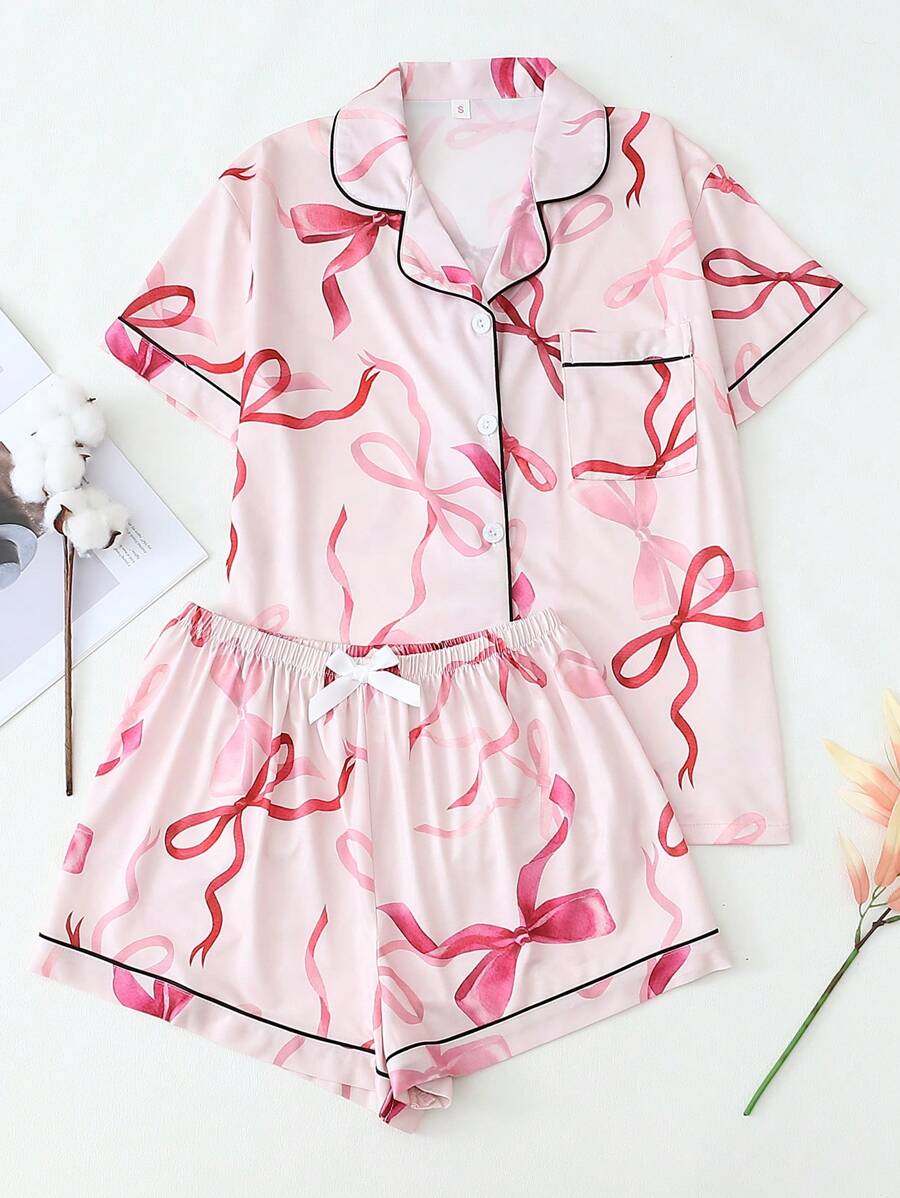 2 件夏季女士睡衣套装，带蝴蝶结印花 V 领纽扣上衣和裤子，舒适家居休闲睡衣套装，两件套 - 粉色 - 查看 1