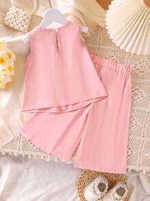 2 件装女婴甜美淑女风褶皱蝴蝶结无袖上衣和裤子套装，夏季