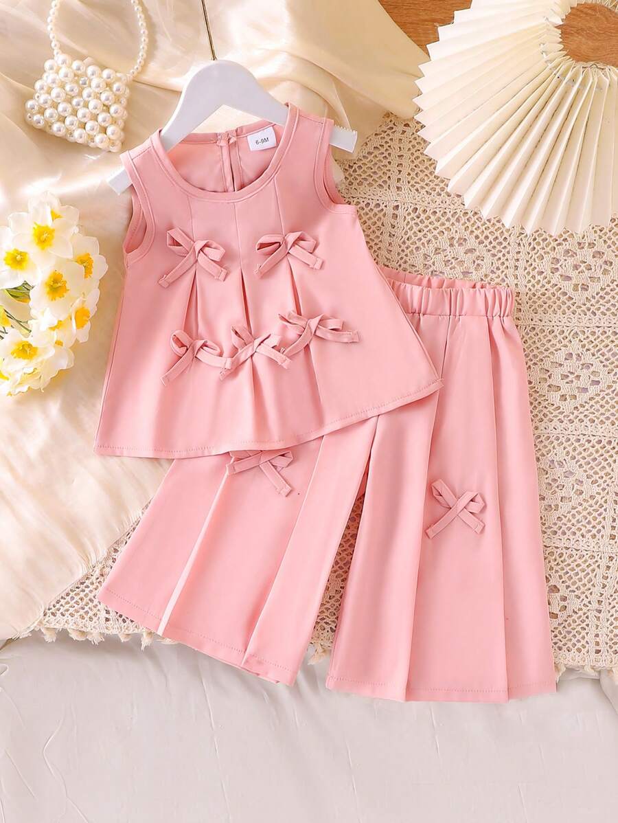 2 件装女婴甜美淑女风褶皱蝴蝶结无袖上衣和裤子套装，夏季