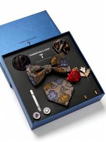 AlanKing 1 套金色花朵领带、手帕、袖扣、胸花男士正装西装适合婚礼、商务、情人节礼物男士领带