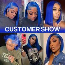 Short Bob Blue Colored 13X4 Lace Part Transparent Lace Peruvian Virgin Hair Wig For Women Really Human Wig Straight Wig For Women Halloween Costumes