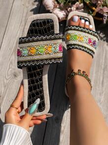 女士刺绣编织平底拖鞋，印花随机波西米亚风度假派对户外凉鞋，沙滩装，夏季装扮 - 黑色 - 查看 2