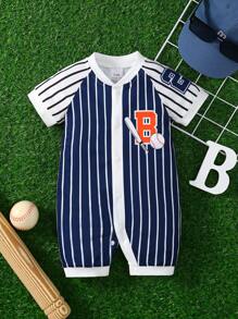 Baby Boy Letter & Number Baseball Print Striped Romper
