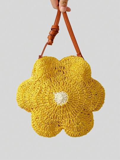 Cute Flower Design Straw Women Shoulder Bags Paper Woven Crossbody Bag Handmade Summer Beach Bag Round Bali Shopper Purses
