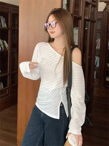 Street Style Christmas Spring/Summer Women Sexy Asymmetric Neck Striped Bow Long Sleeve Slit Fitted Knit Blouse - White - View 7