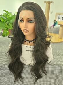 websterwigs 13x4 长波浪 26 英寸黑棕色蕾丝前部合成假发，预拔发际线耐热纤维头发，丝滑直发假发，适合女性角色扮演派对日常使用 - 黑棕色 - 查看 6