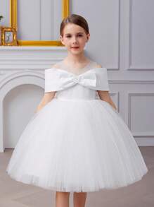 Young Girl Floral 3D Bow Tulle White Dress, Elegant Princess Dress Suitable For Girls Birthday, Party, Wedding, Festival Celebration, Flower Girl Gown - White - View 3
