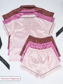 SHARICCA 6pcs Satin Pajama Set For Women, Lapel Collar Button Front Solid Color Short Sleeve Shirt And Shorts, Soft Comfortable Casual Loungewear - SET-3 - 查看 2