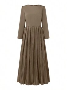 ZANZEA Fashion Women Round Neck High Waist Pleated Loose Swing Holiday Party Maxi Long Dress - Màu Khaki - Xem 3