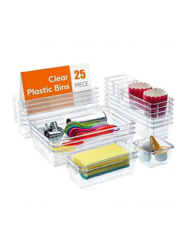 1/12/25pcs Clear Plastic Drawer Organizers Set, 4-Size Versatile Bathroom And Vanity Drawer Organizer Trays, Storage Bins For Makeup, Bedroom, Kitchen Gadgets Utensils And Office