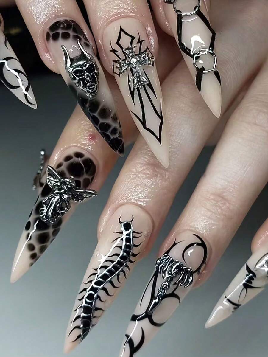 24pcs Y2K Gothic Style Black False Nails, Metal Angel Demon Centipede Print Pattern, Press-On Nail Stickers, Suitable For Daily Wear (Long Pointed Tips), Nail Art Supplies For Women - Black - View 1