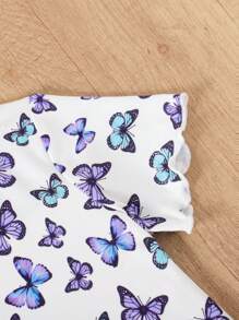 3pcs/Set Young Girls Butterfly Print Solid Color Short Sleeve Shorts Casual Outfits - Black - View 5