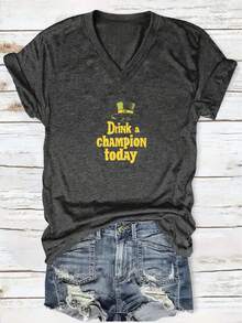 1 Piece, 200g St. Patrick's Day Print V Neck T-Shirt - Fashionable Graphic Print T-Shirt For Women - Casual Short Sleeve V-Neck Top - Lightweight & Breathable For All Seasons Wardrobe, Polyester