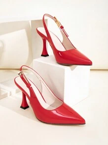 Wide Fit Glossy Red Buckle Decor Backstrap Stiletto Mid-Hollow Platform Heels, Suitable For Casual, Party, Event, Fashion For Plus Size Women