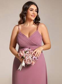 EVERPRETTY Elegant V-Neck Ruched Bust Bridesmaid Dress, Long Gown For Summer - Dusty Pink - View 3