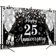 1 pièce Décorations pour 25e anniversaire de mariage, Bannière noire et argentée Joyeux 25e anniversaire 180 cm x 110 cm/70,8 po x 43,3 po, Toile de fond pour photographie de 25e anniversaire, Convient pour fournitures de fête du 25e anniversaire de mariage argent