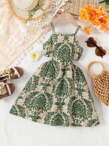 Young Girls' Tropical Print Hollow Out Waist Vacation Sleeveless Hollow Dress, Summer - Army Green - View 2