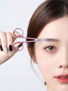 1pc Stainless Steel Bent Tip Eyebrow Scissors, Black C-Shape Precision Eyebrow Trimmer, Pink Beauty Grooming Tool