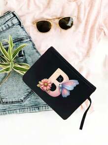 Color Gradient Butterfly Flower Letter A-Z Pattern Tote And Cosmetic Bag Set, Casual Style, Fabric Structure - Black - View 31