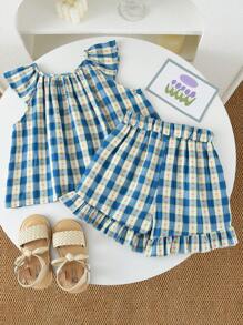 2 件套女童甜美刺绣无袖上衣和短裤套装，夏季