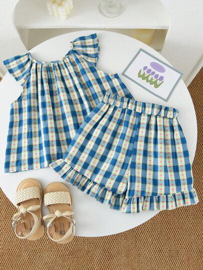 Bộ 2 áo không tay thêu họa tiết dễ thương và quần short cho bé gái, mùa hè