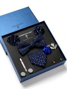 AlanKing 1 套金色花朵领带、手帕、袖扣、胸花男士正装西装适合婚礼、商务、情人节礼物男士领带