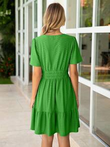 Womens 2025 Summer Mini Dress Eyelet Short Sleeve Cocktail Short Dresses Cute A Line Sun Dress With Pockets - 綠色 - 查看 6