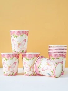 10 piezas/25 piezas Vasos de papel desechables, vasos con temática floral y de mariposas para bebidas frías y café, adecuados para cumpleaños, reuniones familiares, picnics y decoración de fiestas