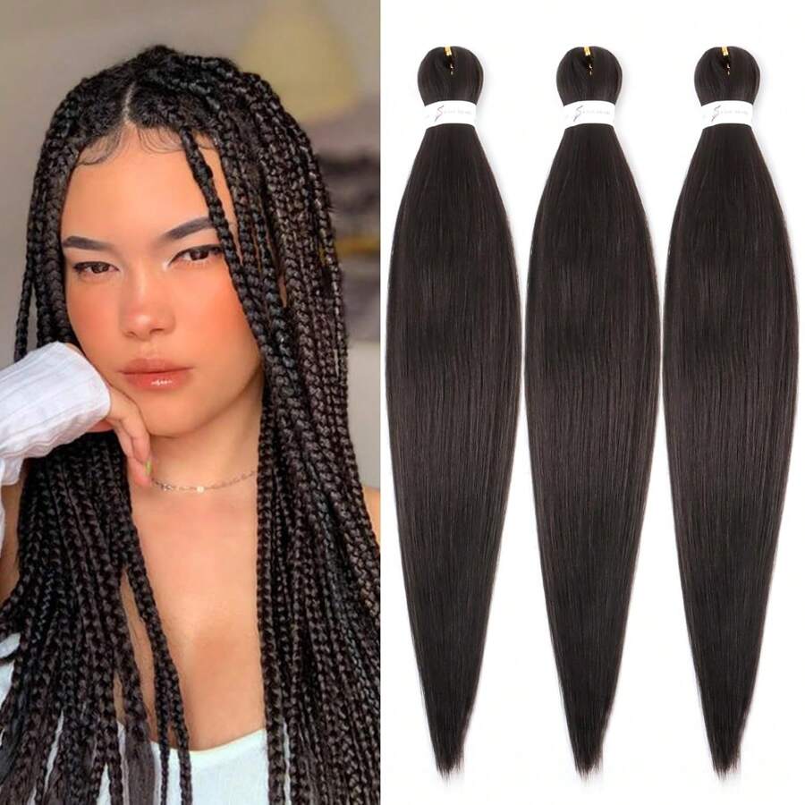 1/3/7 Packs Braiding Hair Pre Stretched 20/26/30 Inch Prestretched Knotless Kanekalon Hair Long Straight Synthetic Box Braids Yaki Texture Hot Water Setting Hair Extensions, 4# - Black Brown - View 1