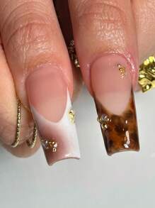 1 盒 24 片棕色 3D 条纹花朵和星星镶嵌法式棺材假指甲，优雅设计，适合所有女孩和女士，配有指甲锉按压指甲美甲用品 - 鏽棕色 - 查看 2