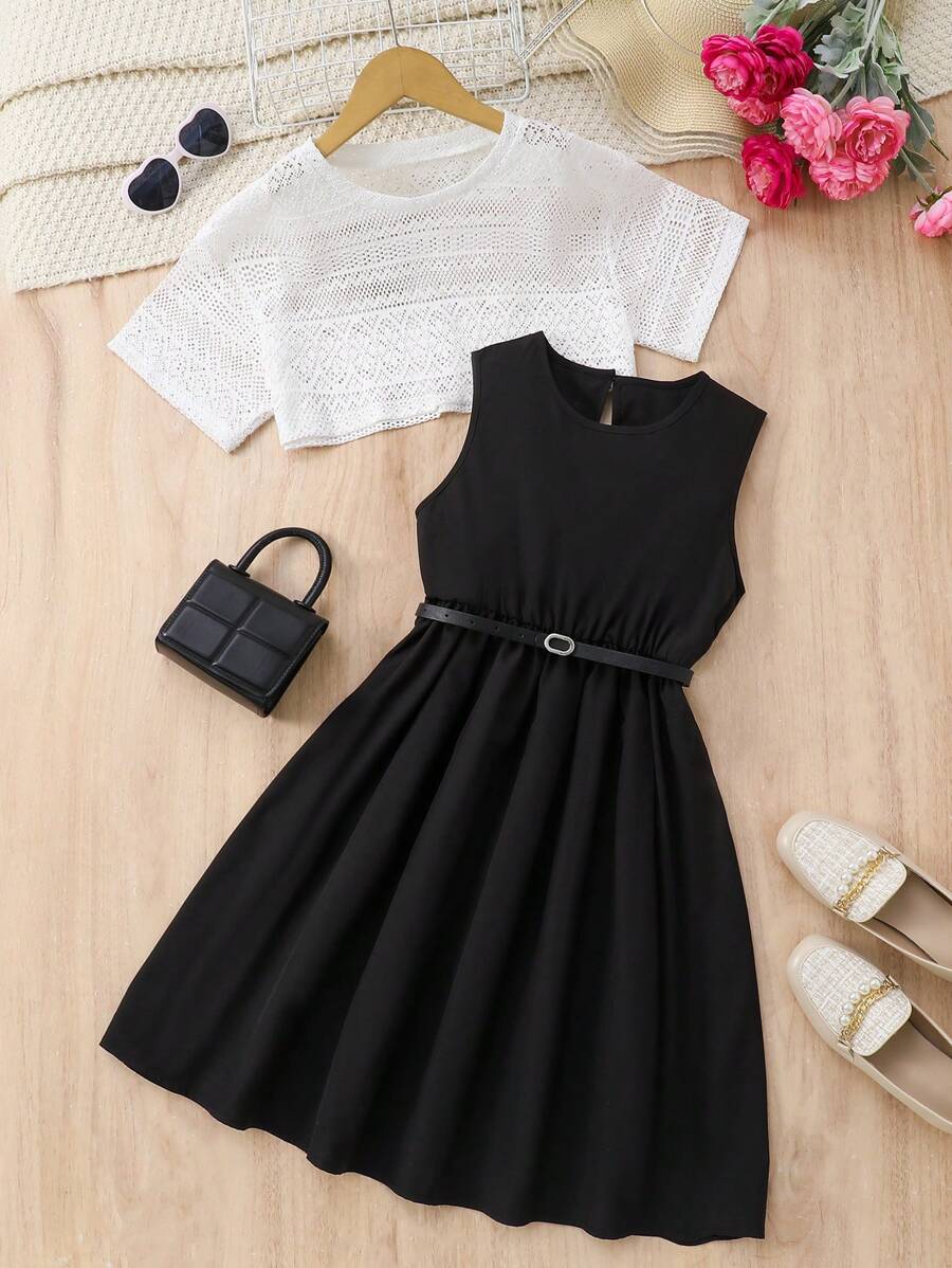 2pcs/Set Girls Summer Outfit, Casual Polyester Knit Mesh Top, Short Sleeve Round Neck, And Matching Black Belt Dress, Slight Stretch, Suitable For 8-12 Years Old Children, Fashionable Summer Clothing For Girls - Perfect Casual Outdoor Wear