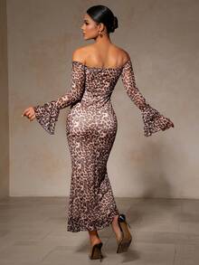Persoshow Vestido feminino com estampa de leopardo e acessórios de metal, manga comprida, ombro de fora, justo, flare, vestido formal de baile, para convidados de casamento, formatura, jantar - Multicolorido - Ver 3