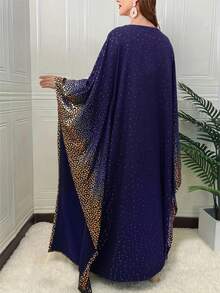 Women's Elegant Solid Color Arabic Middle East Abaya Dress, V-Neck Long Sleeve, Lace Floral Collar, Beaded, Metallic Print, Modest Kaftan